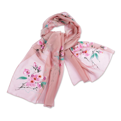 Armenian Beige Silk Scarf with Hand-Painted Floral Motifs