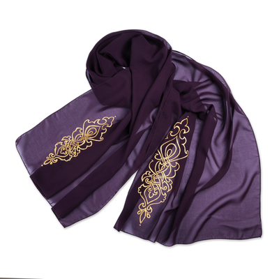 Armenian Purple Silk Scarf with Hand-Painted Motifs in Gold