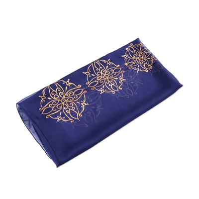 Hand-Painted Floral Blue and Golden Silk Scarf from Armenia