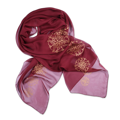 Burgundy Silk Scarf with Hand-Painted Floral Motifs in Gold