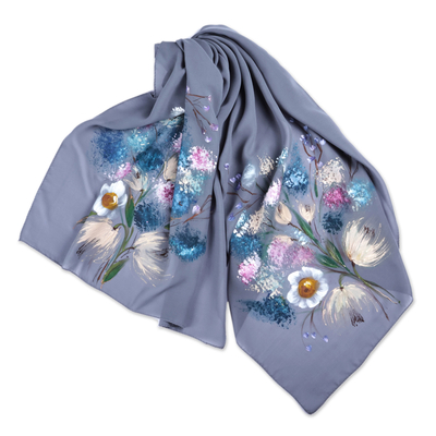 Grey Silk Scarf with Hand-Painted Floral Motifs from Armenia