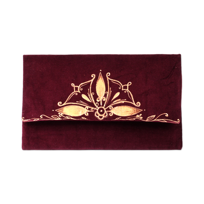 Hand-Painted Wine and Golden Velvet Clutch with Snap Closure
