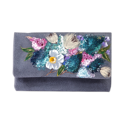 Hand-Painted Floral Grey Velvet Clutch from Armenia