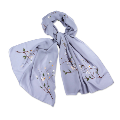 Hand-Painted Floral Soft Lavender Silk Scarf from Armenia
