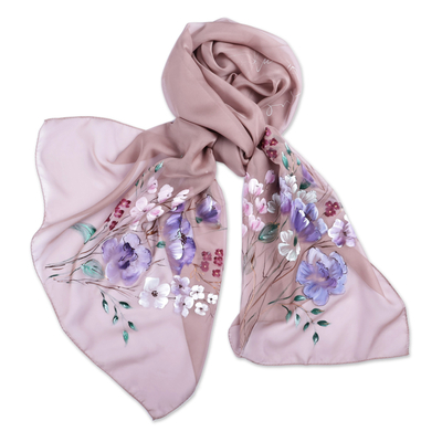 Hand-Painted Floral Soft Beige Silk Scarf from Armenia
