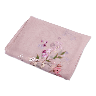 Hand-Painted Floral Semi-Sheer Pink Silk Scarf from Armenia