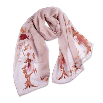 Bird and Pomegranate-Themed Hand-Painted Beige Silk Scarf