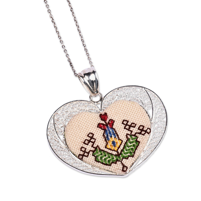 Embroidered Floral Heart-Shaped Filigree Pendant Necklace
