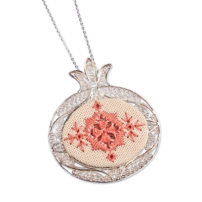 Embroidered Pomegranate-Shaped Filigree Pendant Necklace