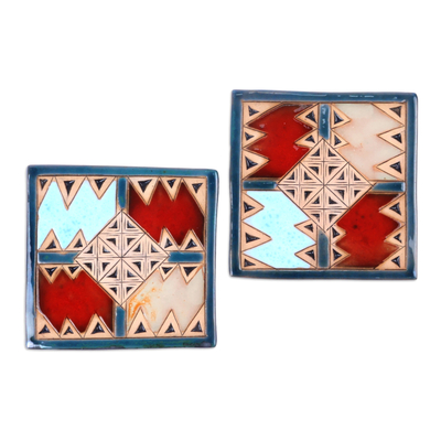 Pair of Handcrafted Ceramic Coasters in Blue and Red Hues