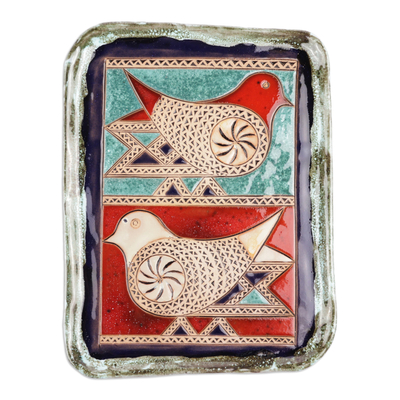 Bird-Themed Glazed Red and Turquoise Ceramic Platter