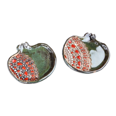 Pair of Glazed Ceramic Pomegranate Catchalls in Green