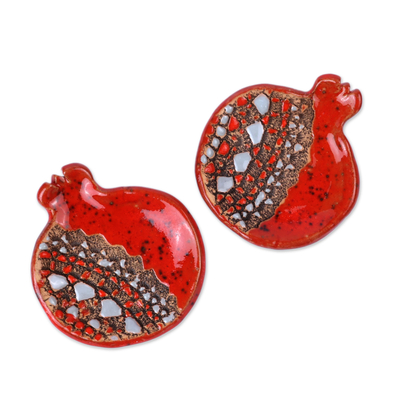 Pair of Red and Grey Glazed Ceramic Pomegranate Catchalls