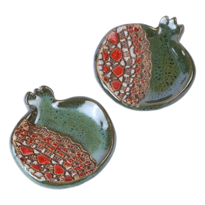 Pair of Glazed Green and Red Ceramic Pomegranate Catchalls