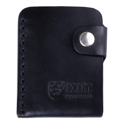 Black Leather Card Holder with Snap Closure Made in Armenia