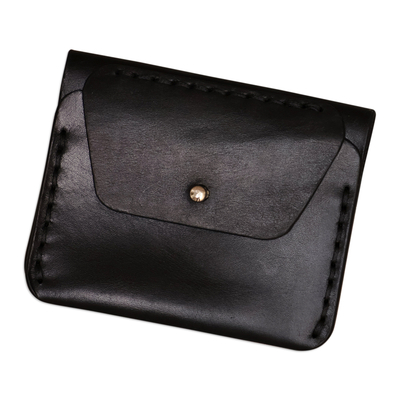 100% Black Leather Wallet with Front Coin Pocket