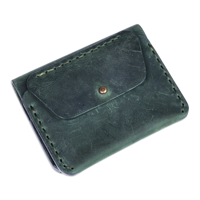 100% Green Leather Wallet with Front Coin Pocket