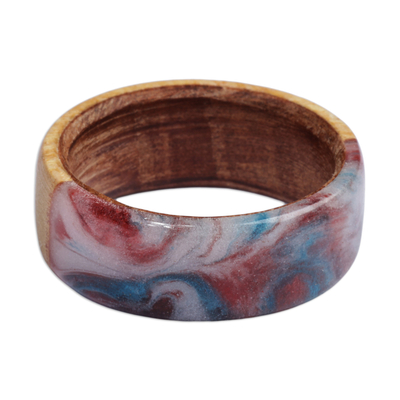 Hand-Carved Apricot Wood Band Ring in Blue and Red Hues