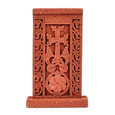 Hand-Carved Traditional Floral Tuff Stone Stela Sculpture