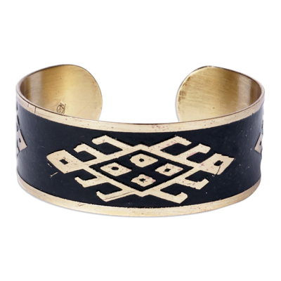 Brass Cuff Bracelet in Black with Traditional Armenian Motif