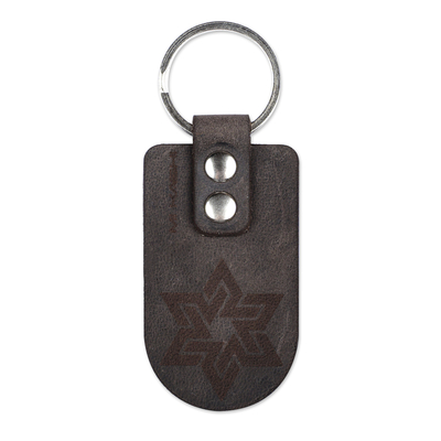 Brass and Black Leather Keychain with Star Sign