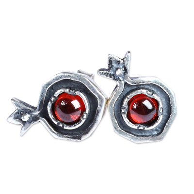 Pomegranate-Themed Natural Garnet Button Earrings