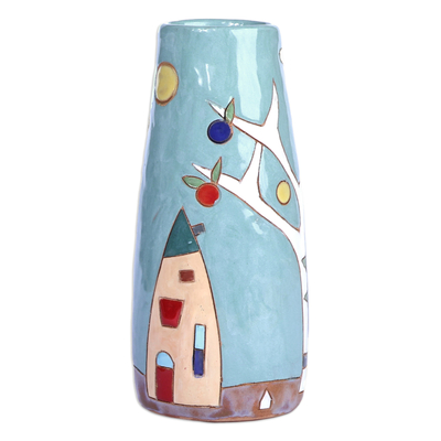 Glazed Ceramic Vase with Pomegranate Tree Motif in Teal