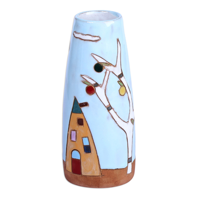 Glazed Ceramic Vase with Pomegranate Tree Motif in Sky Blue