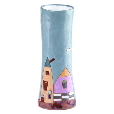 Hand-Painted Glazed Ceramic Vase with House and Tree Motif