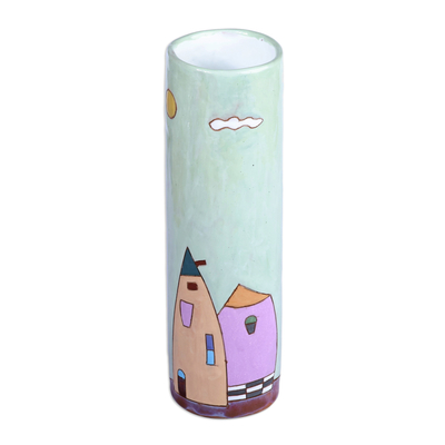 Hand-Painted Glazed Ceramic Vase with House Motif in Green