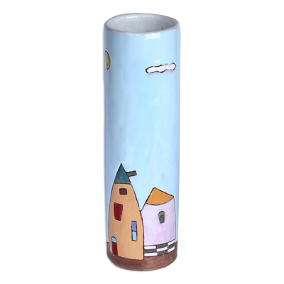 Hand-Painted Glazed Ceramic Vase with House Motif in Blue