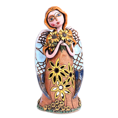 Handcrafted Whimsical Floral Angel Ceramic Sculpture