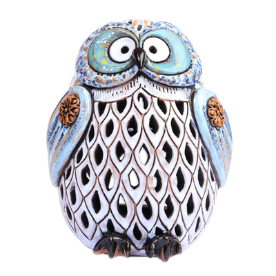 Handcrafted Painted Blue Owl-Shaped Ceramic Tealight Holder