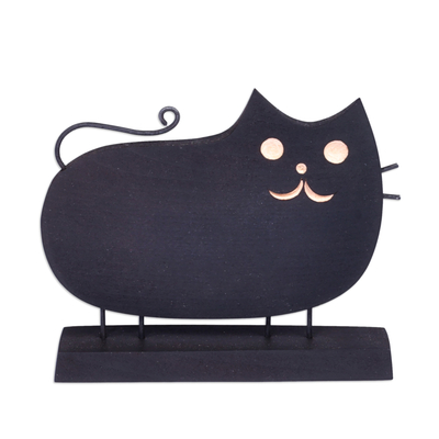 Hand-Painted Wood Cat Sculpture with Stainless Steel Accents