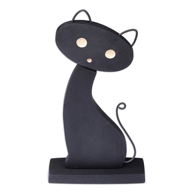 Handcrafted Tilia Wood and Stainless Steel Cat Sculpture