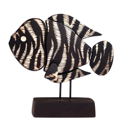 Hand-Painted Wood Fish Sculpture with Stainless Steel Posts