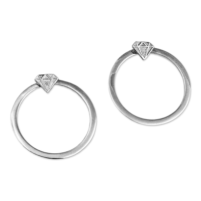 Round Sterling Silver Drop Earrings with Diamond Motifs