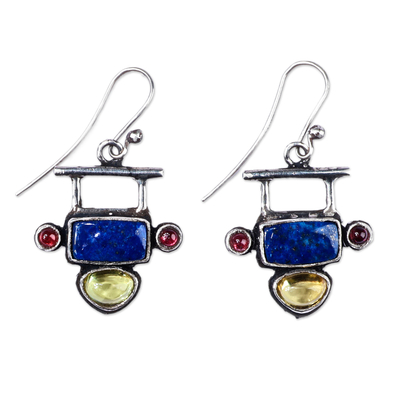 Lapis Lazuli Garnet and Synthetic Sapphire Dangle Earrings