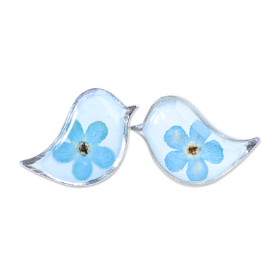 Bird-Shaped Natural Blue Flower Resin Button Earrings