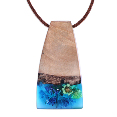 Handmade Blue Natural Flower Resin & Wood Pendant Necklace