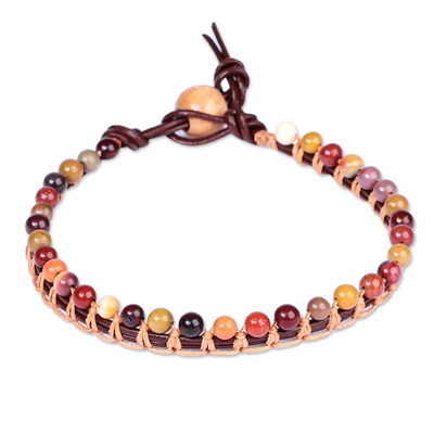 Jasper Beaded Anklet with Leather Cord Handmade in Armenia