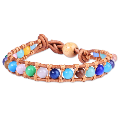 Multicolor Agate Beaded Bracelet with Brown Leather Accents