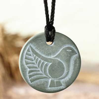 Dove-Themed Green Stone Pendant Necklace from Armenia