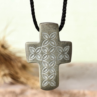 Cross-Shaped Stone Pendant Necklace with Floral Motifs