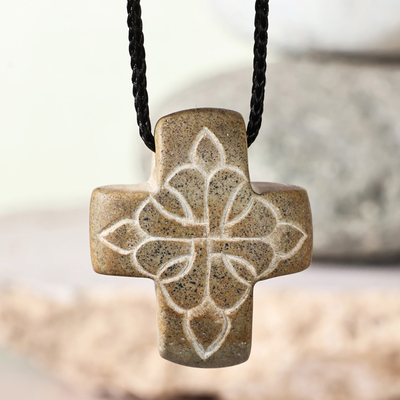 Floral Yellow Stone Cross Pendant Necklace from Armenia