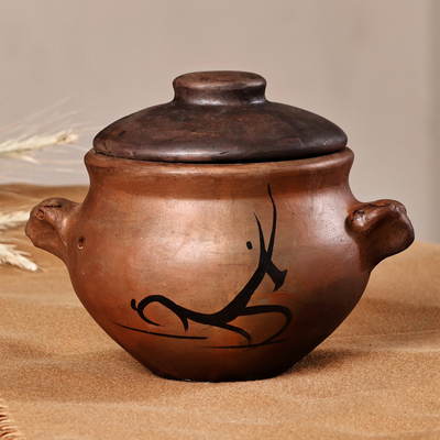 Terracotta Decorative Jar and Lid with Bezoar Goat Motif