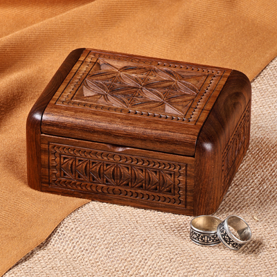 Hand-Carved Polished Wood Jewelry Box with Armenian Motifs