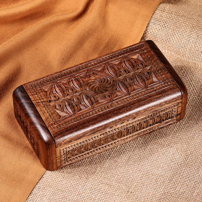 Hand-Carved Rectangular Wood Jewelry Box with Armenian Motif