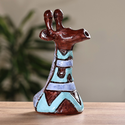 Ceramic Giraffe Sculpture with Blue and Purple Waves