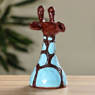 Ceramic Giraffe Sculpture in Blue and Brown Hues